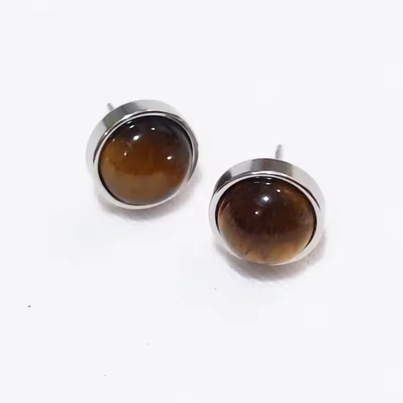 1pair Natural Stone Earrings Healing Crystal Quartzs Round Beads Steel Stud Fashion Ear Jewelry for Women Jewelry Gifts