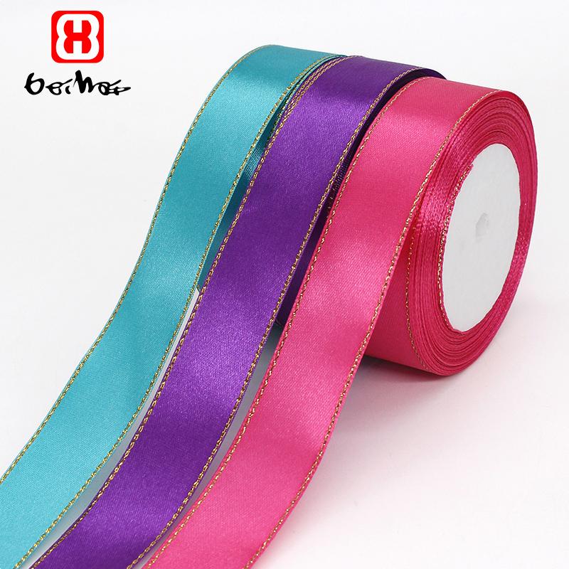 Gift Satin Ribbons Wholesaler 1inch 100% Polyester Christmas Ribbon Gold Wired Edged Satin Ribbon Roll Accept Print Logo