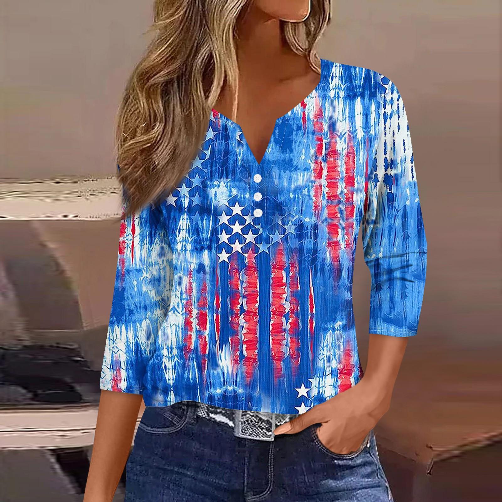 

Жен. Футболка Футболка С принтом Пуговицы Рукав 3/4Ежедневно Выходные Мода Классический Топ с v-образным вырезом Обычный S синий