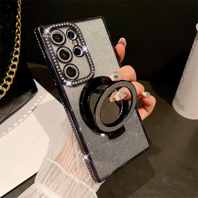 For Samsung Galaxy S23 Ultra Luxury Glitter Mirror Holder Flash Plating Diamond Frame Phone Case For Samsung S22 S24 Plus Cover