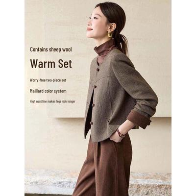 Damen Wollmischung Patchwork Mantel & Hosen Set