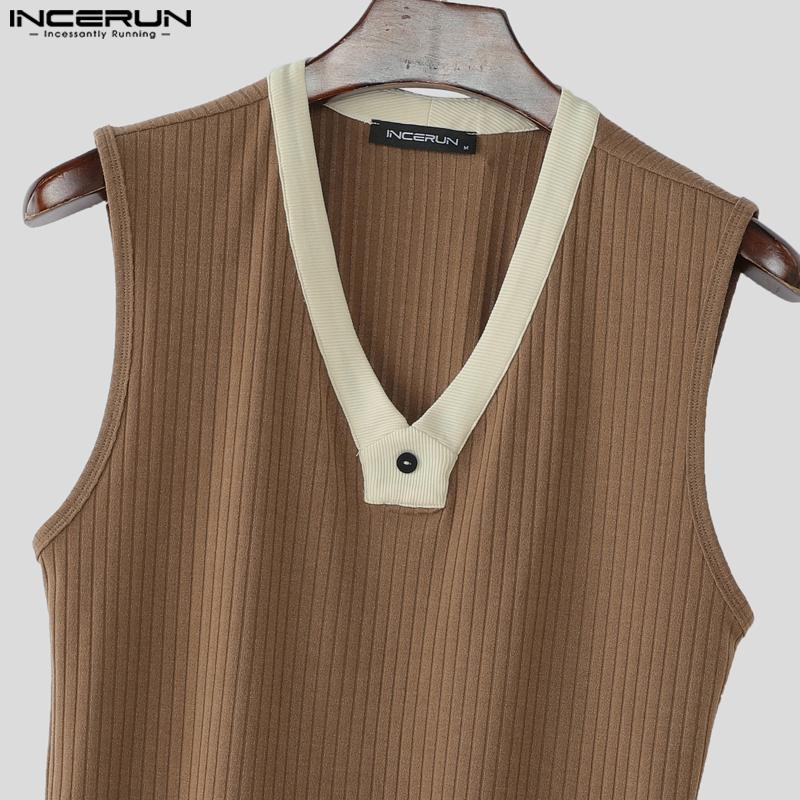 INCERUN Men V Neck Sleeveless Patchwork Rib Casual Tank Tops Undershirts