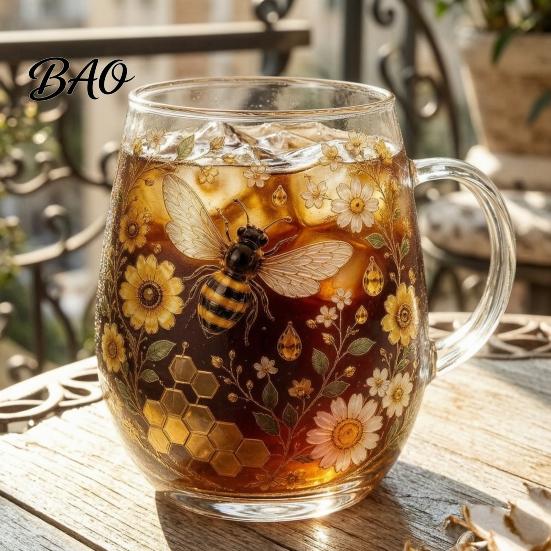 Zahradní styl Šálek na čaj Ranní skleněný pohár, Termoska se vzorem kolibříka a květin se zlatým okrajem, Skleněné nádobí s elegantním přírodním okrajem na kávu a džus
