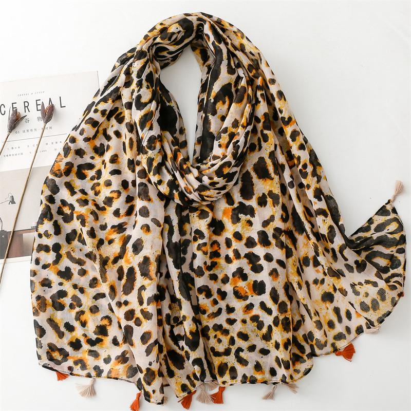Autumn Women Scarf Cotton Leopard Print Shawl Tassel Summer Sun Protection Muslim Hijab Viscose Wrap Headscarf 90*180cm