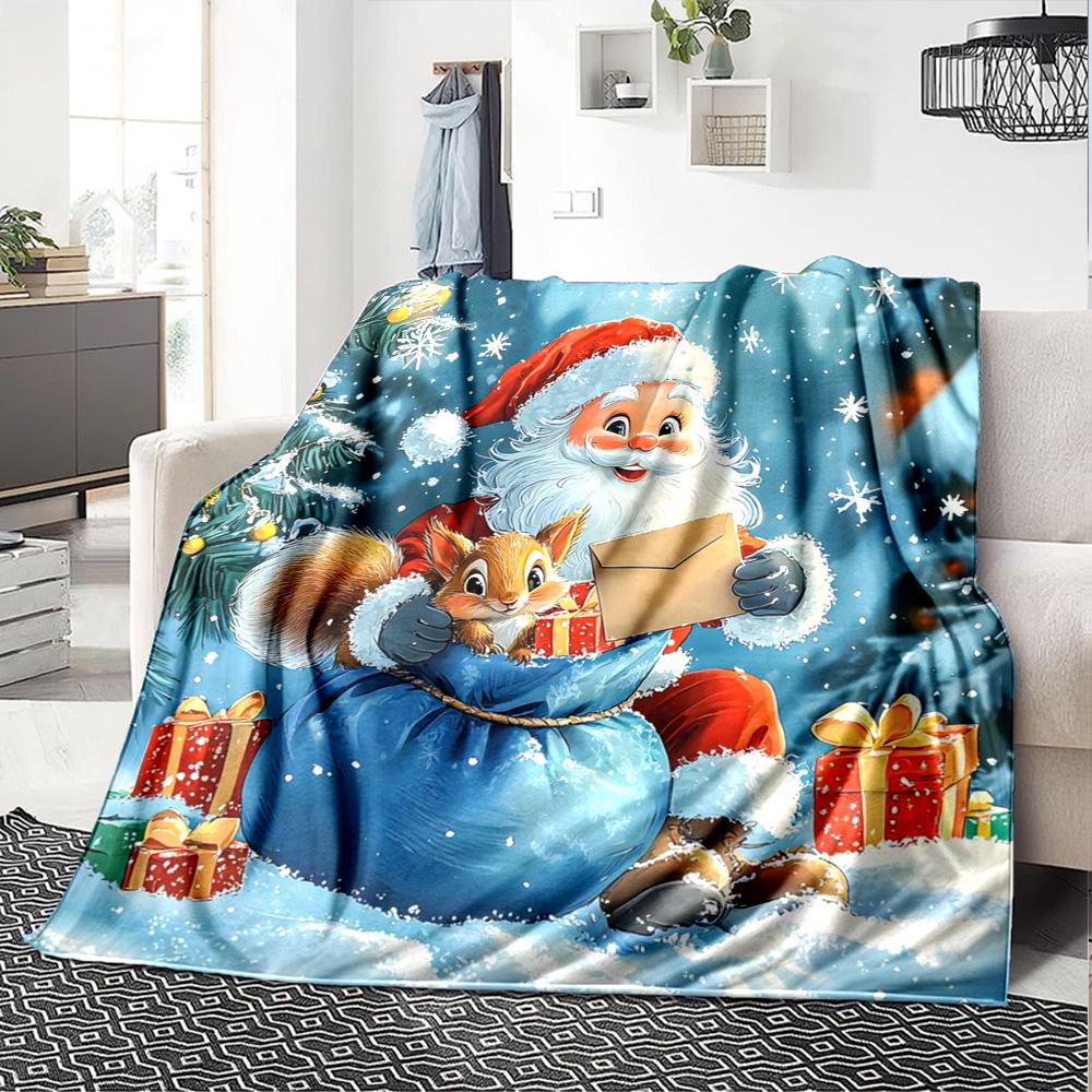 Christmas Santa Squirrel Gift Print Flannel Throw Blanket, Soft Warm Cozy Bed Sofa Cover for Home Decor
