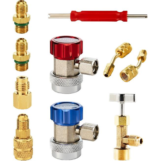 

Orion Motor Tech AC Adapter Tool Kit, 8-Piece AC Gauge Hose Conversion Adapters Including R134A Can Tap, R134A Quick Couplers, R410 Adapters, Tank
