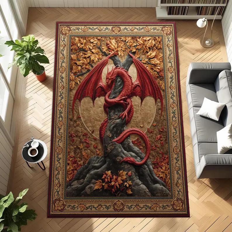 Dragon Rug for Goth Room, Dark Academia Magical Dragon Rug Home Decor, Gothic Rug for Witchy Room Fairycore Rug Sunroom Balcony