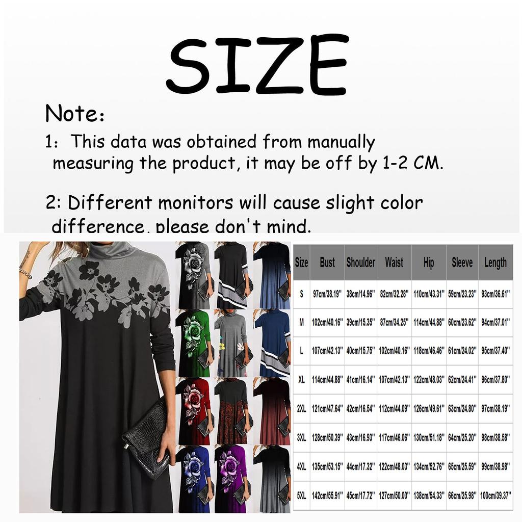 Ladies Fashion Print Half High Neck Long  Sleeve  Loose Straight  Dress