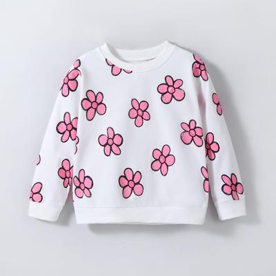 Sweatshirt For Kids 2-7 Years Old Girl Round Neck Cute Flowers Print Long Sleeve Top Shirt