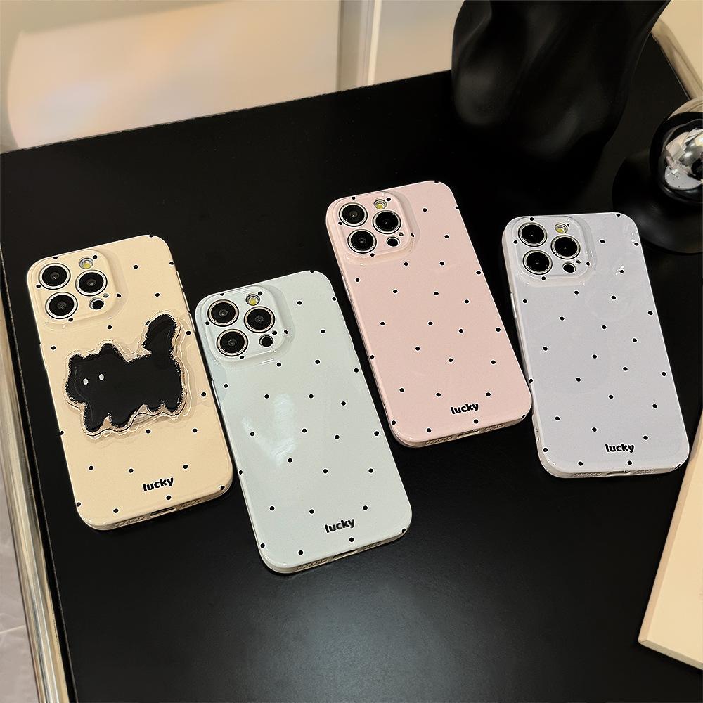 Cute Polka Dot Cat Stand Mobile Phone Case Suitable for 13 Apple 14 Promax Film Iphone 15 Soft 16