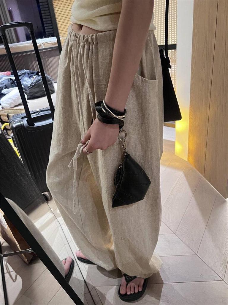 Women's Spring 2026 Ramie Cotton-Linen Wide-Leg Pants with Elastic Waist and Drawstring – Old Money Style, Relaxed Fit