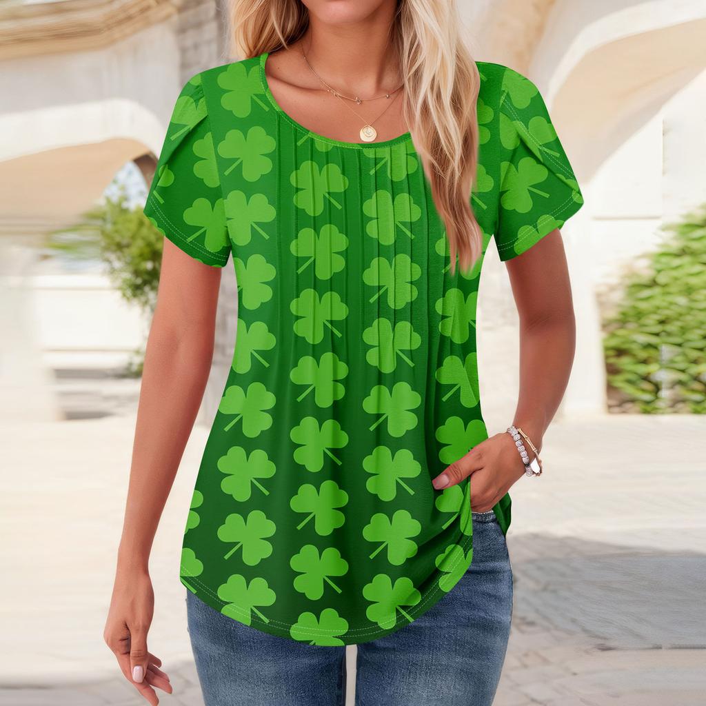 Womens Tops Petal Short Sleeve Summer Round Neck Shirts St. Patrick's Day Printing Blouses For Women Dressy Casual
