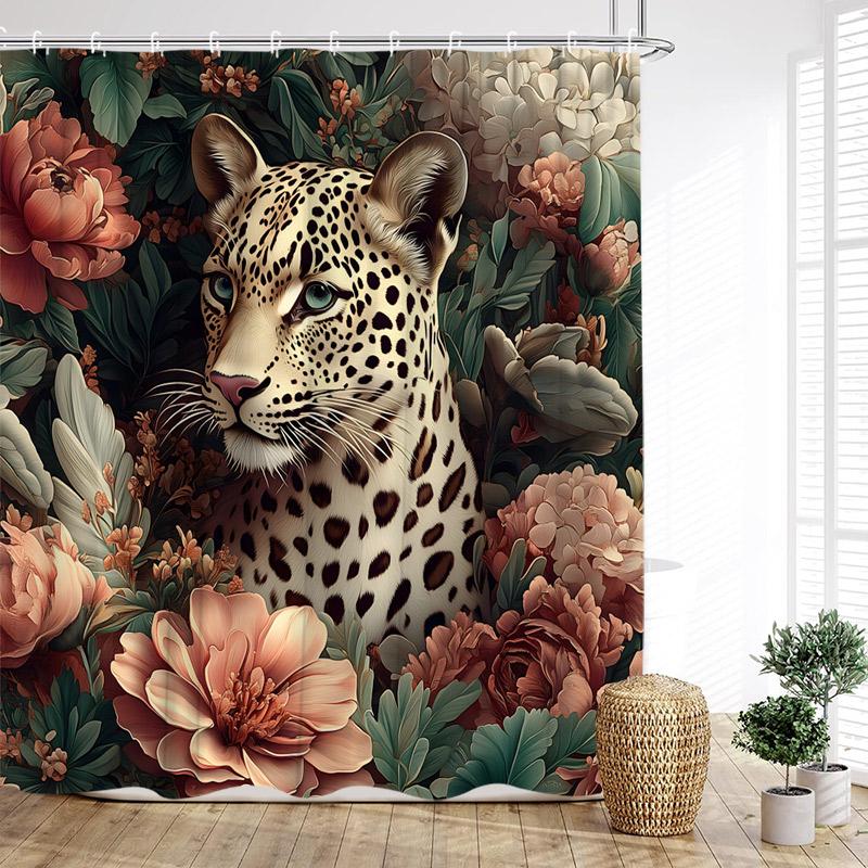 

Tropical Jungle Leopard Shower Curtains Wild Animals Floral Green Plants Modern Fabric Home Bathroom Curtain Decor with Hooks 90x180cm-35x70in