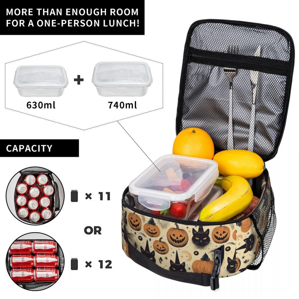 Sac à lunch isotherme à motif sorcière chat noir citrouille Halloween pour femmes et enfants, étanche, pour femmes et enfants.