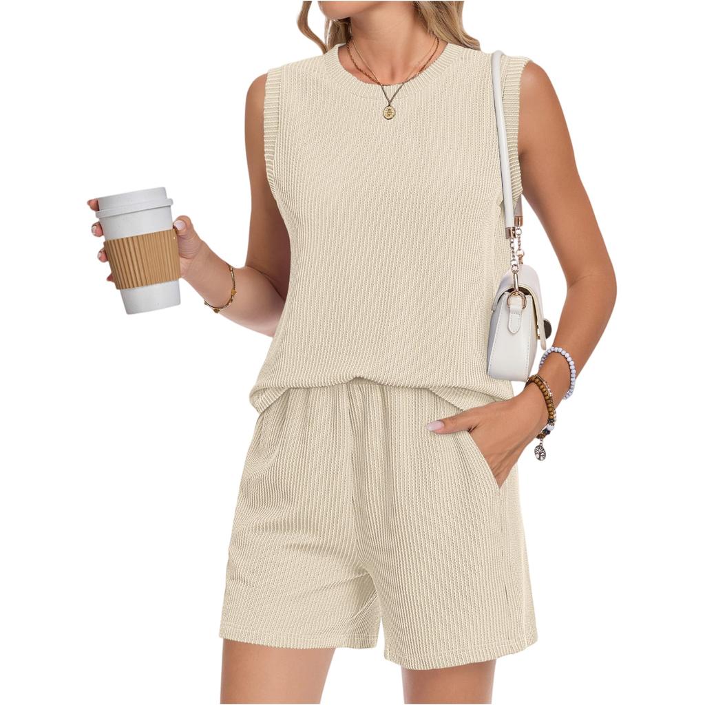 Women Sleeveless Crew Neck Tank Top and Shorts Set with Pocket Relaxed Fit Two Piece Outfits for Daily Wear