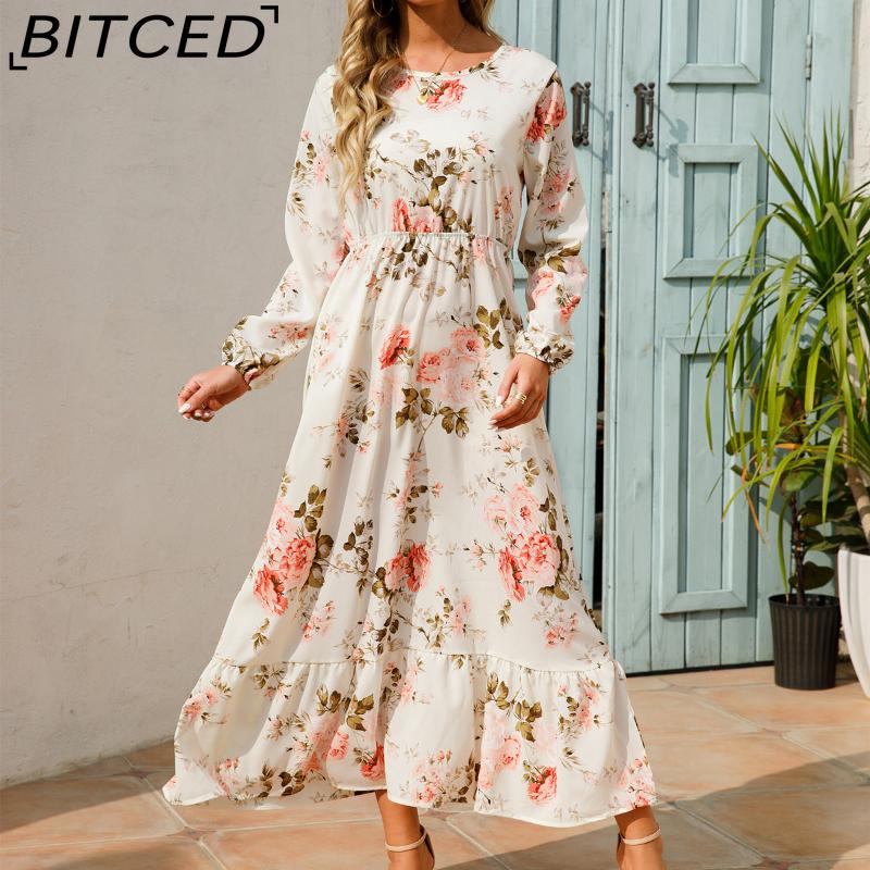 BITCED Spring Summer Bohemian Women Maxi Dress Casual Long Sleeve High Waist Beach Dress Women Floral Chiffon Dresses Vestidoes Mujer New