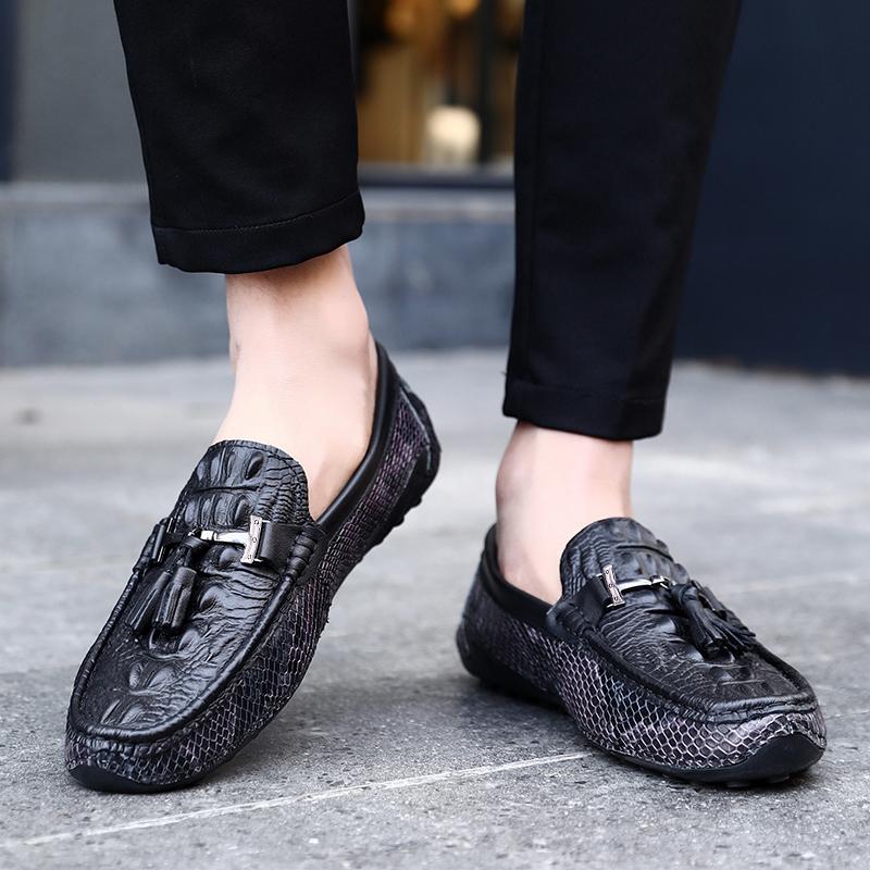 Tassel Loafers Men Genuine Leather Flat Casual Shoes Slip -On Drive Shoes Sandals Black Soft Outdoor Moccasins Crocodile Pattern