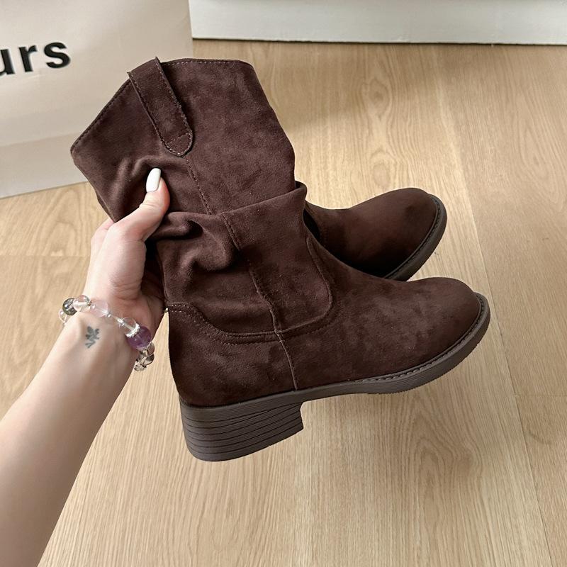 

Американские матовые замшевые ковбойские сапоги в западном стиле женские 2025 новые ретро сапоги средней высоты толстый каблук рукав облегающие сапоги на наборном каблуке 40 темно-коричневого