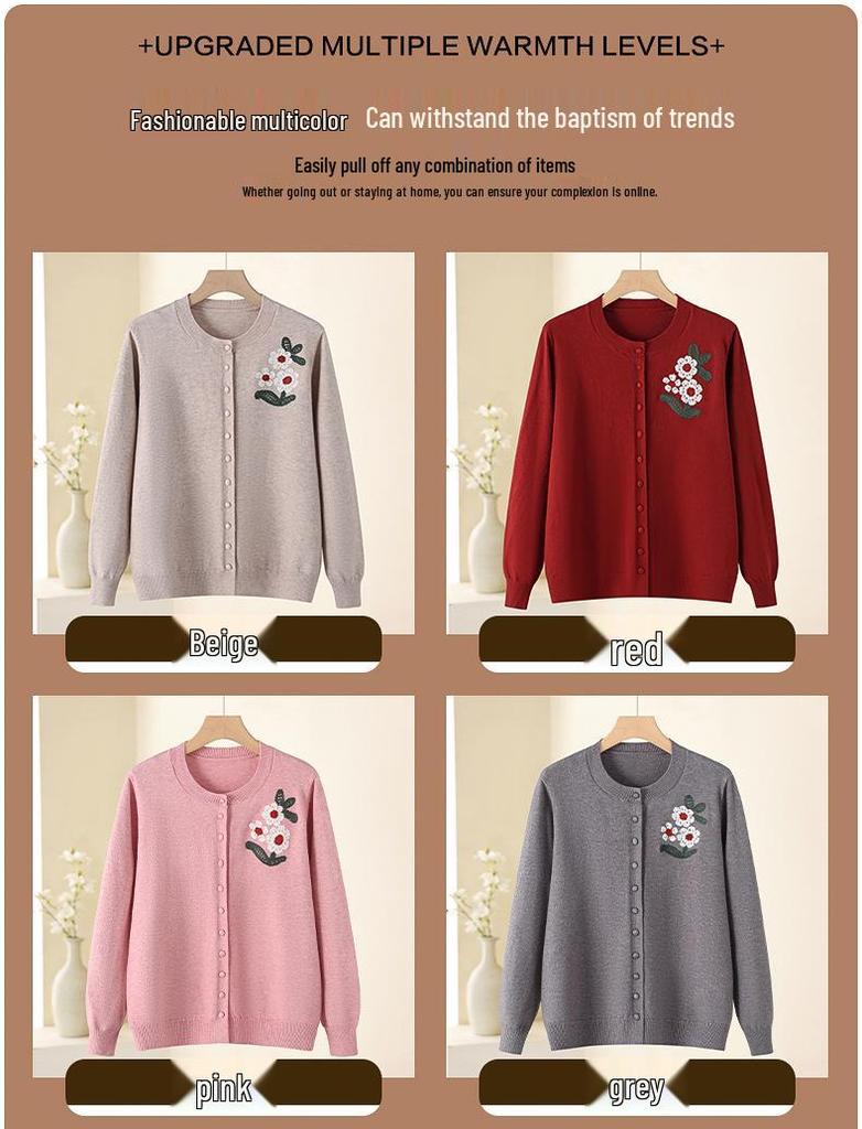 2026 Spring Embroidered Knit Sweater for Middle-aged & Elderly Women - Soft, Loose Button-up Top