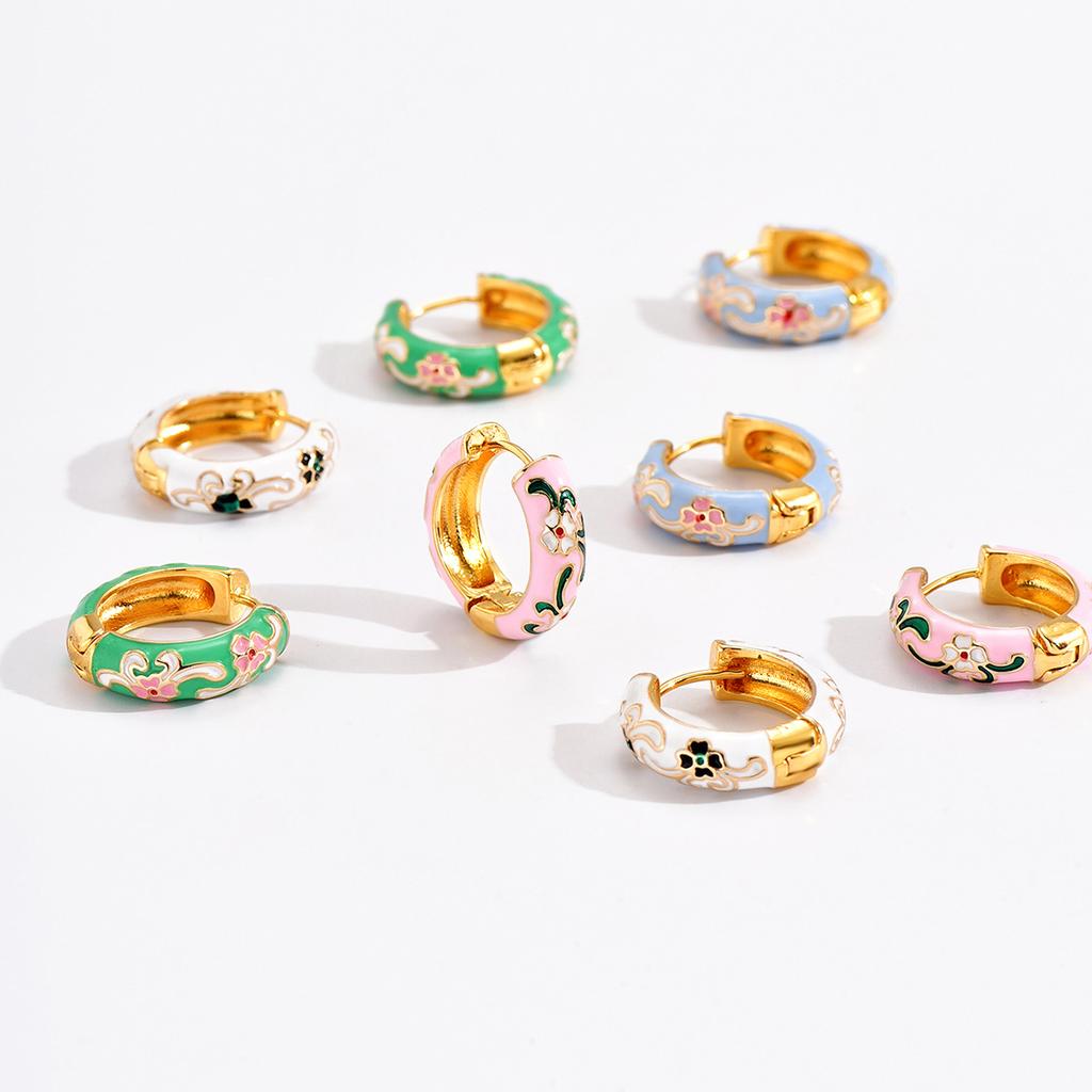 Vintage Colorful Enamel Flowers Huggies Earrings for Women Girls Gold Plated Round Circle Hoop Earrings Female Classic Jewelry