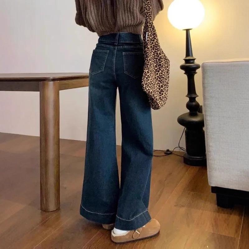 Women's High Waist Flared Jeans Casual Blue Denim Pants Vintage Streetwear Trousers