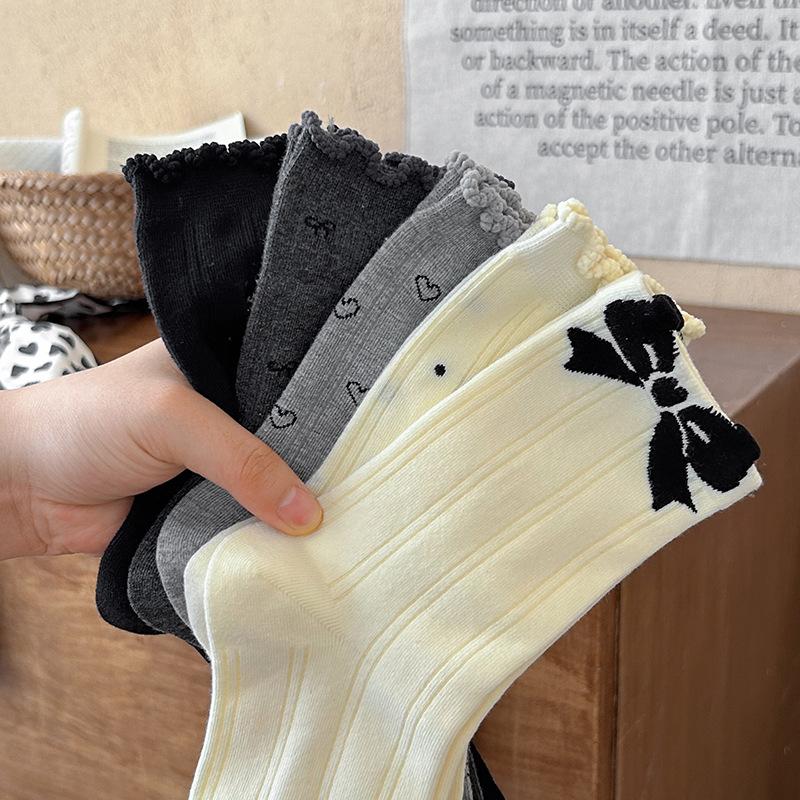 Ballet-style Socks for Women, Lace Mid-calf Socks, Autumn Sweet Bow Polka Dot Pile Socks for Women