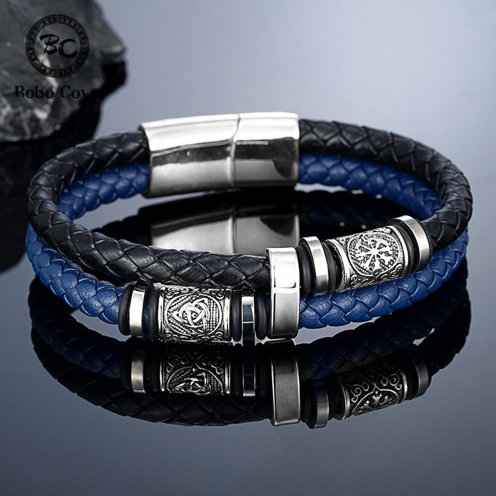 Viking Norse Runes Bracelet Stainless Steel Genuine Leather Adjustable Bangle Men Women Punk Jewelry Scandinavian Couple Gifts