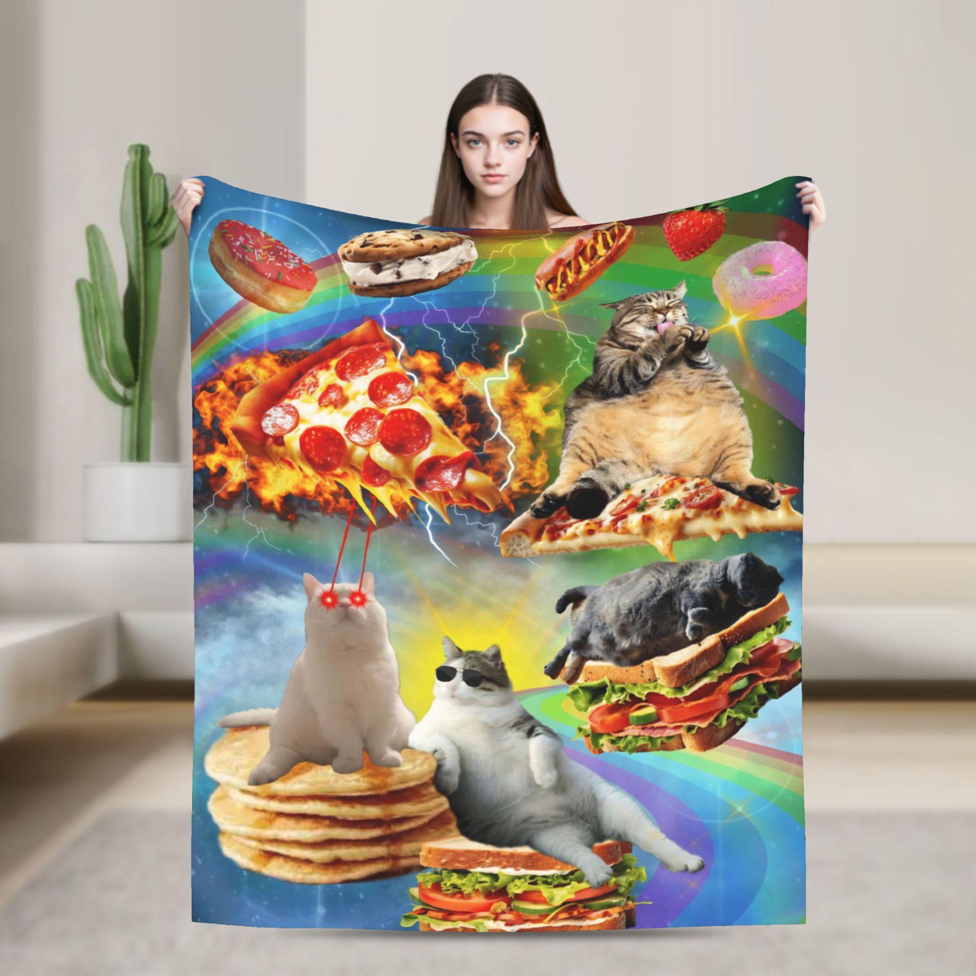 Pizza Cat Space Galaxy Flying Knitted Blanket Funny Wool Throw Blanket Home Couch Decoration Thin Bedspread Portable 100x150cm