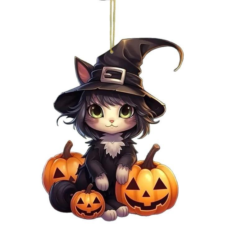 Halloween Flat Acrylic Surface Pendant With Cartoon Witch Cat Design Pumpkin