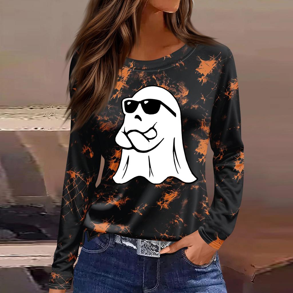 Women's Fashion Long Sleeve Tunic Top with Halloween Print and Side Slits - Round Neck Blouse for Party