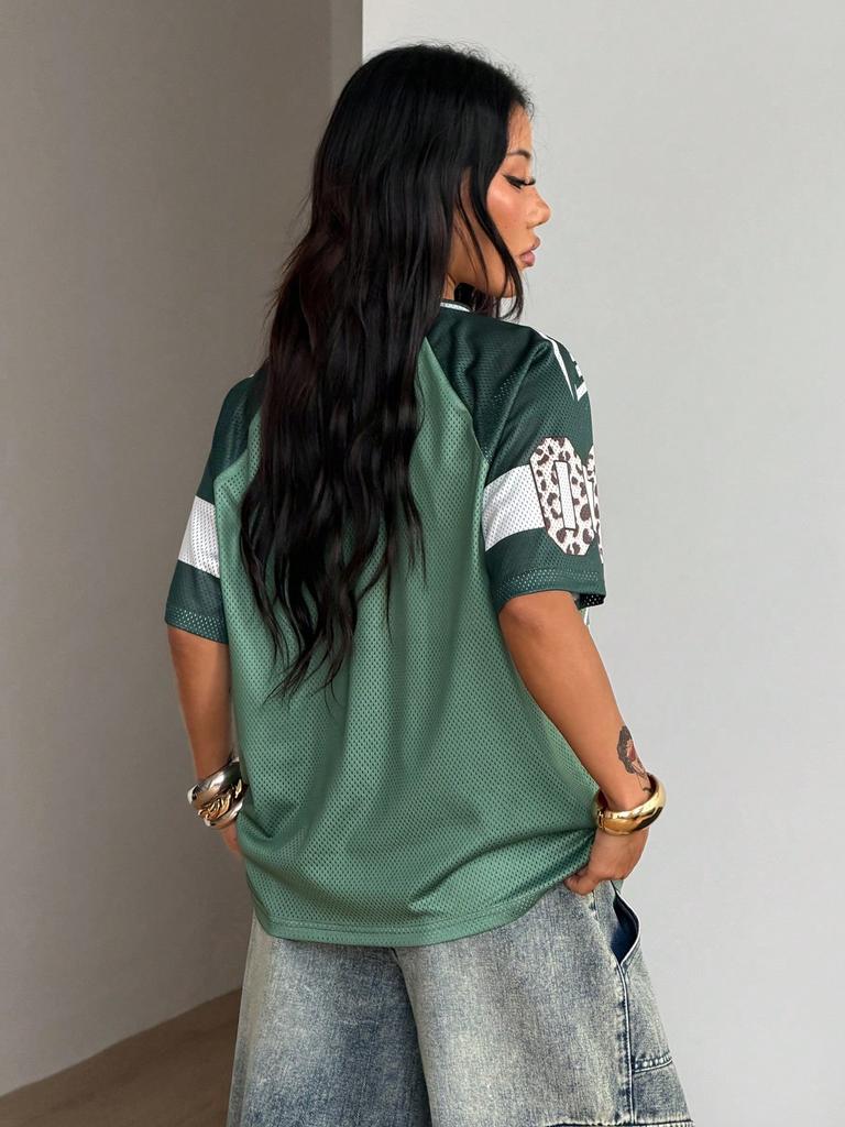Damen Sommer Ausgehen Streetwear Y2K Leopardenmuster Nummer Grafik Fußballtrikot V-Ausschnitt Grünes Trikot T-Shirt, Sommer Oberteil
