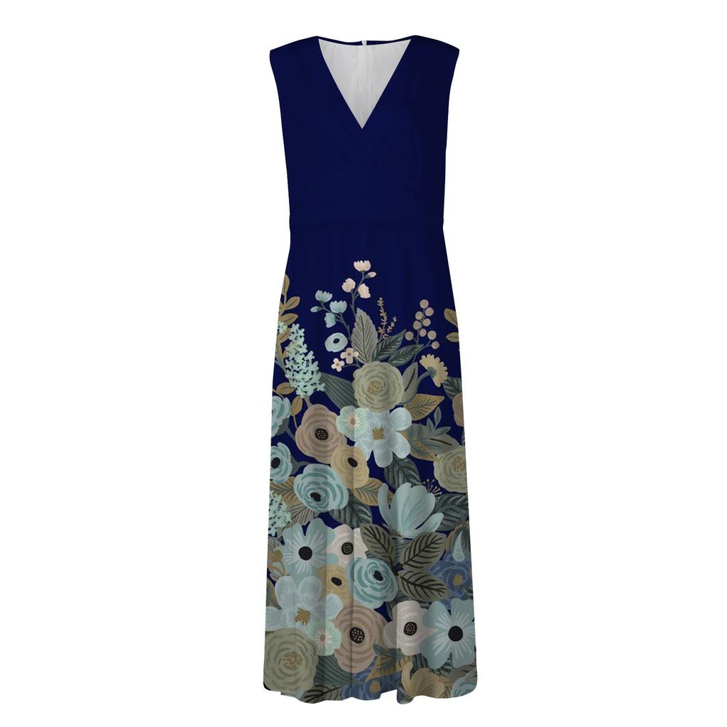 Vestido largo para mujer, vestido maxi, vestido casual de verano, sin mangas, cuello en V, cintura bohemia, vestido estampado