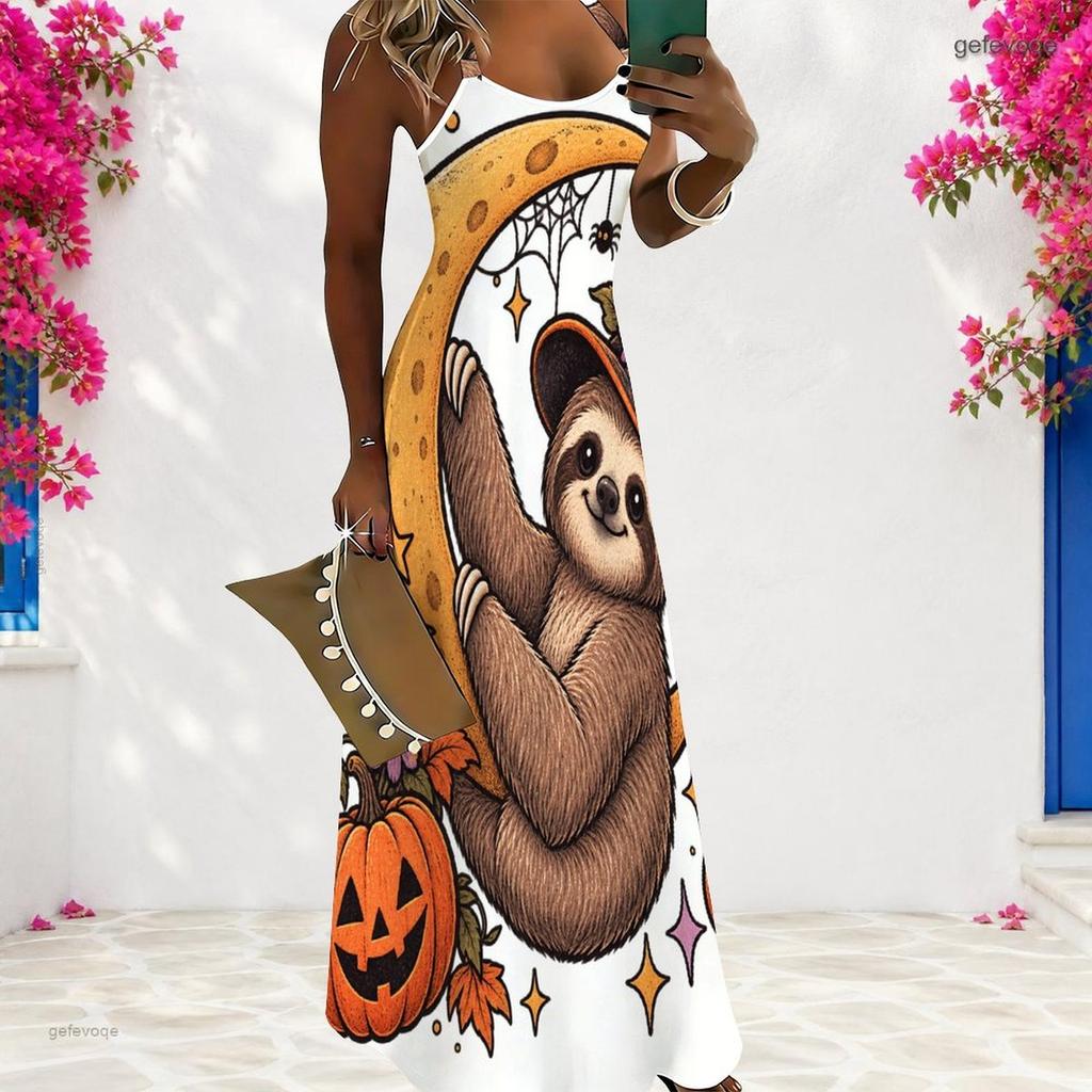Women Plus Size Scoop Neck Strappy Sleeveless White Halloween Sloth Pumpkin Printed A Line Long Dress