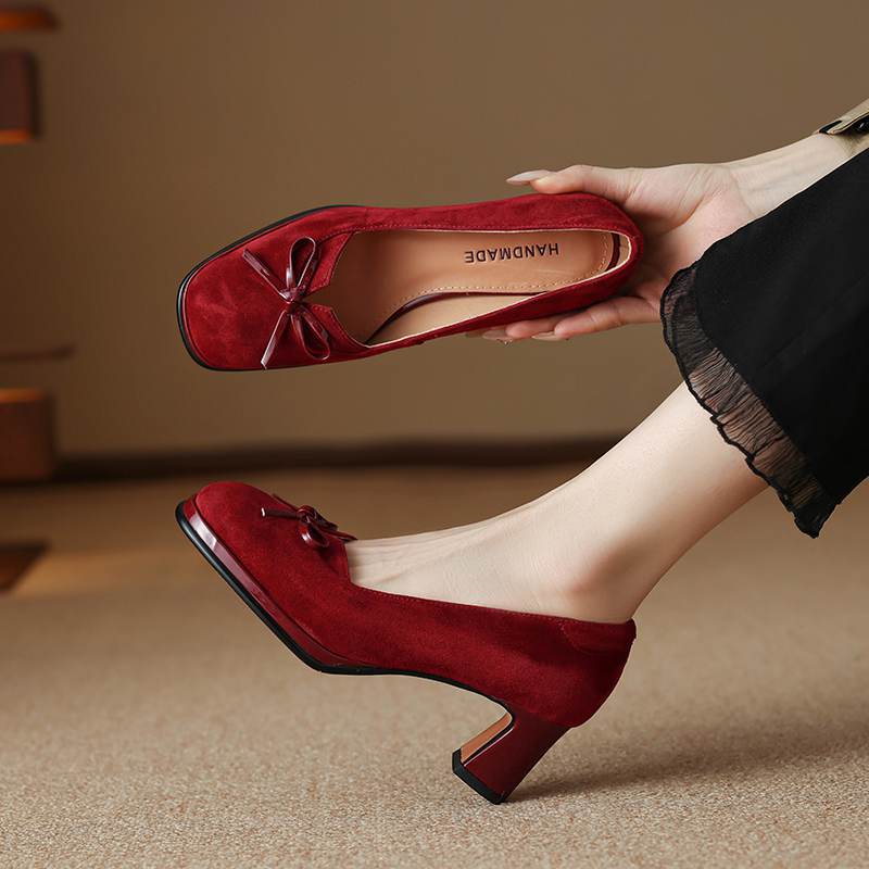 Krazing Pot Suede Round Toe Size 40 High Heels Slip On Platform Butterfly-knot Decoration Casual Autumn Shallow Pumps