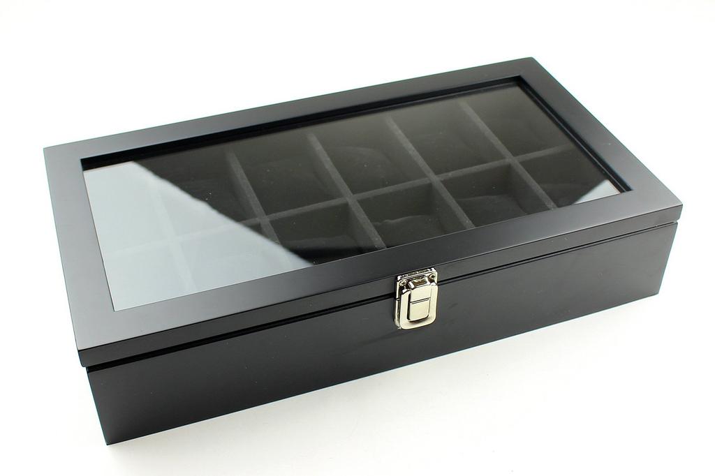 Anberotta Luxusní dřevěná krabička na hodinky pro 12 hodinek se skleněným okénkem AT50, (12 Hodinek/Černá)