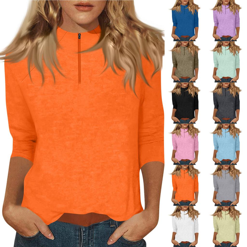 Women's Mock Neck, Zip,up, Color, 3/4 Sleeve Top
