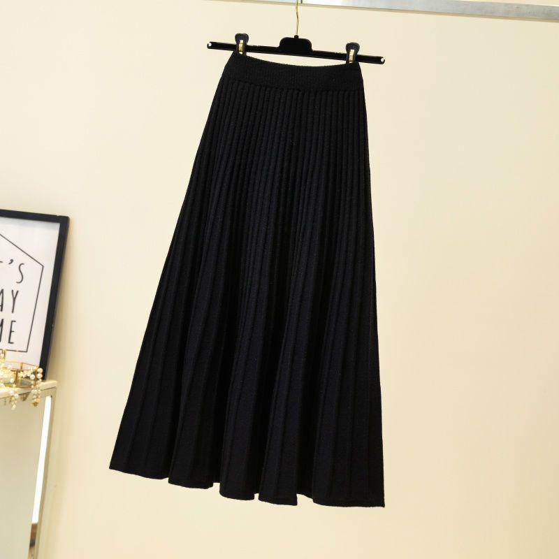 Women's High Waist Wool Knit A-Line Pleated Midi Skirt - Autumn/Winter Slimming Umbrella Hem