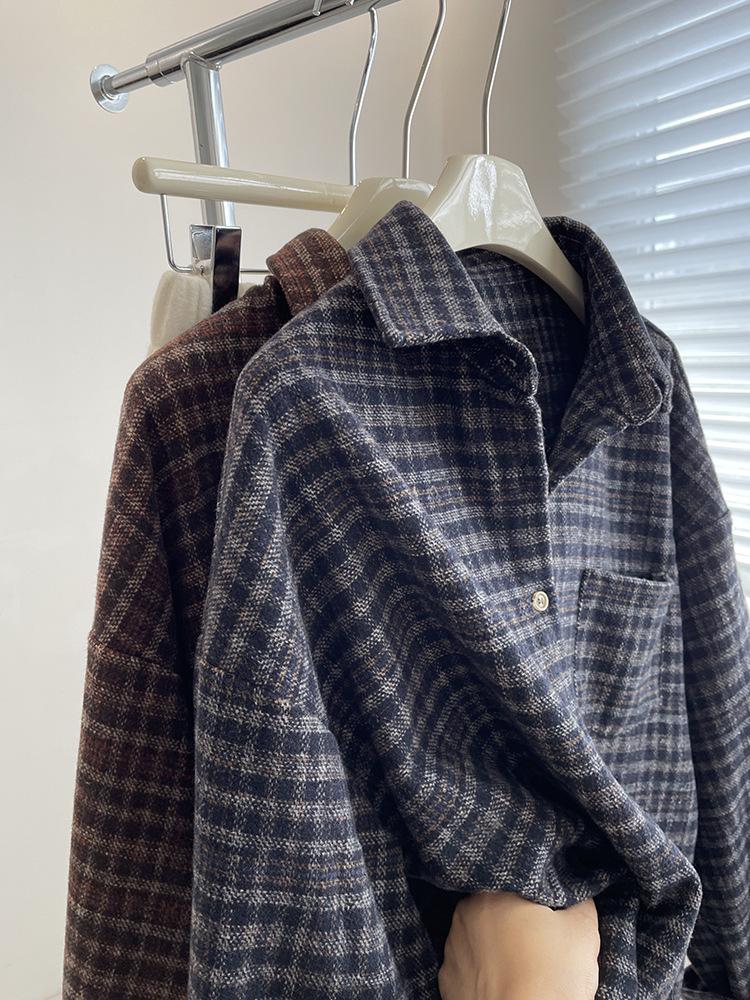 Damen Retro Karobluse - Herbst/Winter 2025 Koreanischer Lockerer Schnitt, Langarm Layering-Stil