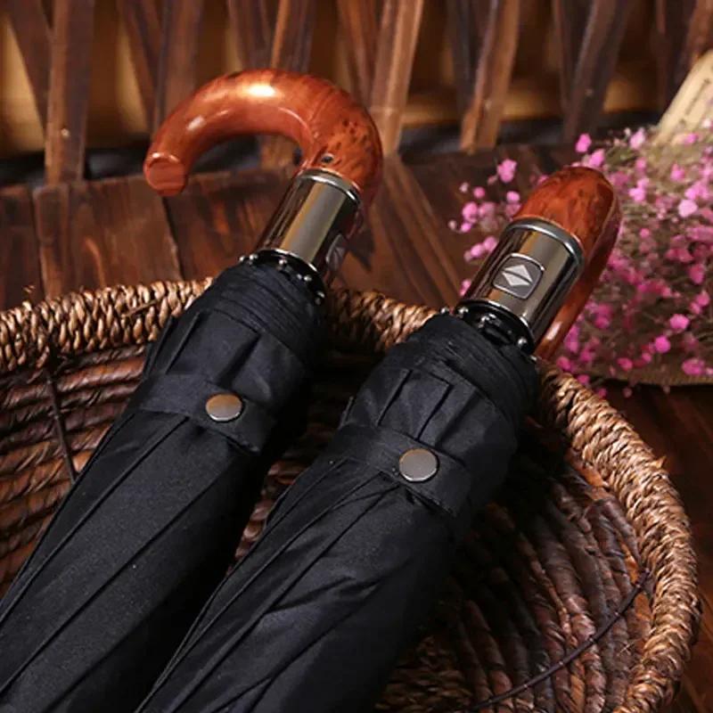 Paraguas británico con mango de cuero para hombre, automático, de negocios, con 10 varillas, resistente al viento, con 3 pliegues, grande, resistente a la lluvia, para mujer, sombrilla de calidad