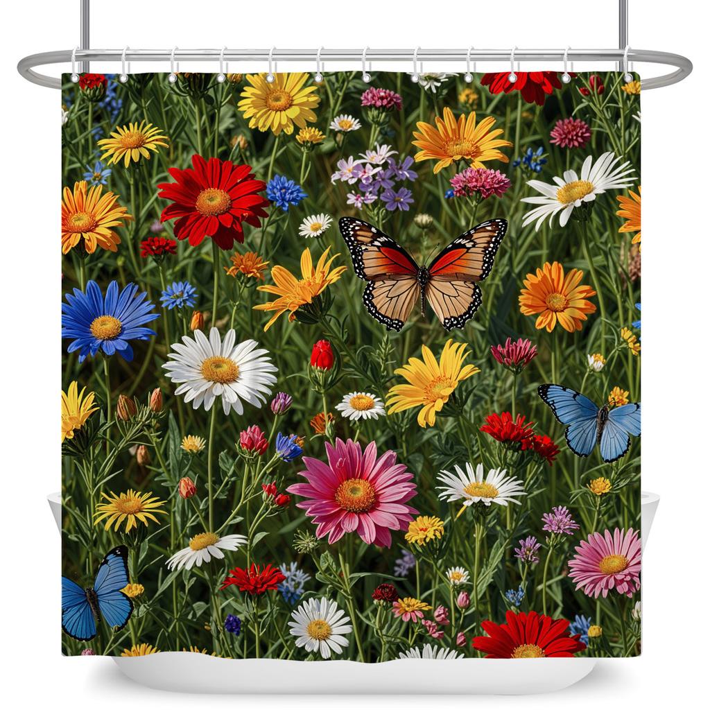 Garden Path Shower Curtain with 12 Hooks Realistic Forest Landscape Butterflies Waterproof Polyester Bathtub Bathroom Curtain