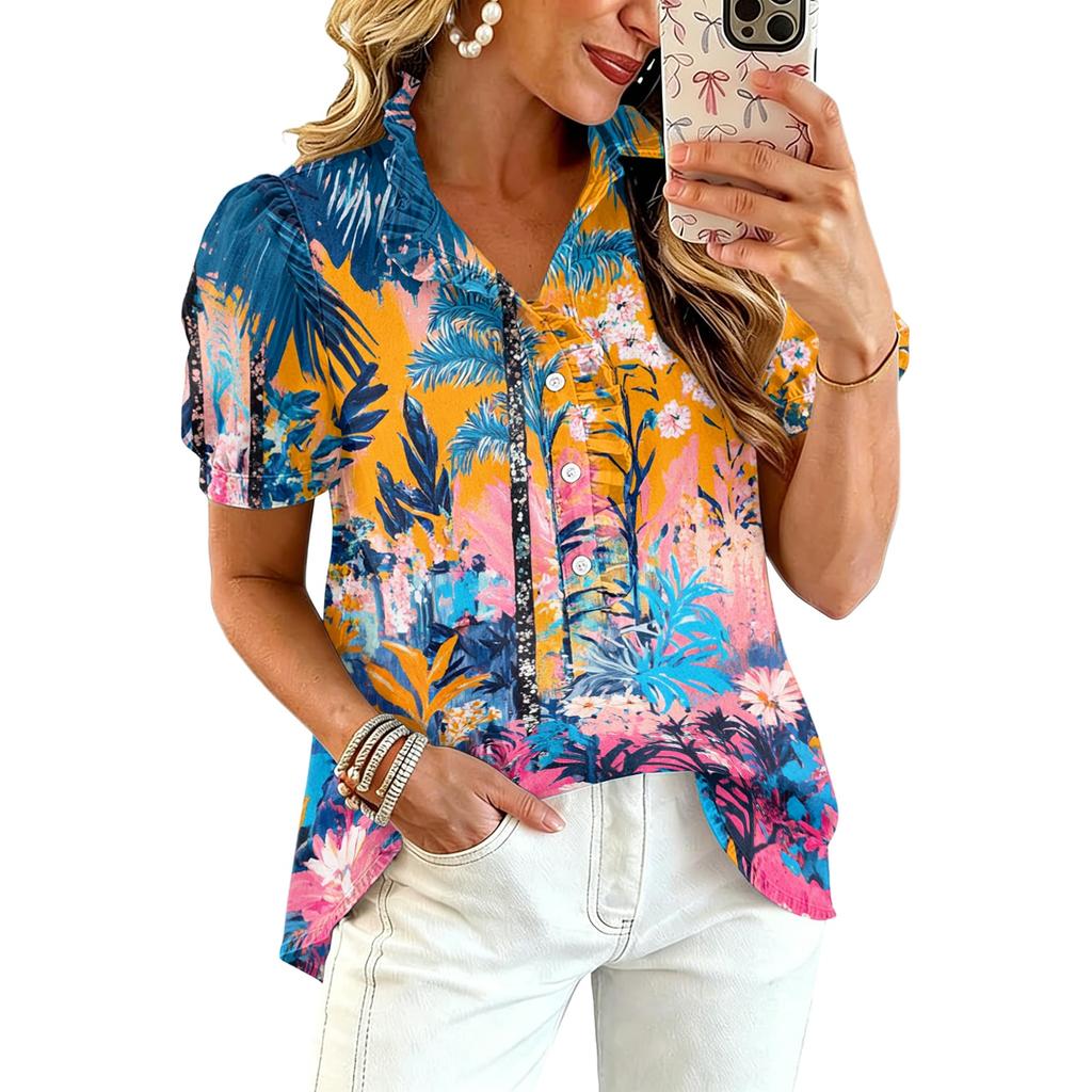 Women’s Casual Ruffle V Neck Top with Hawaiian Tree Print Short Puff Sleeve Button Down Relaxed Fit Summer Blouse