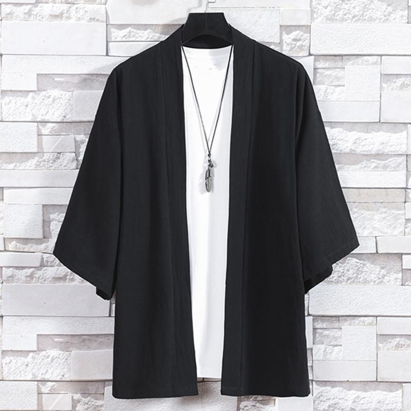 

Мужские кимоно с открытой строчкой, японские куртки, повседневная хлопковая рубашка с рукавами 3/4, пальто с открытой передней частью, легкие льняные топы 5XL чёрный