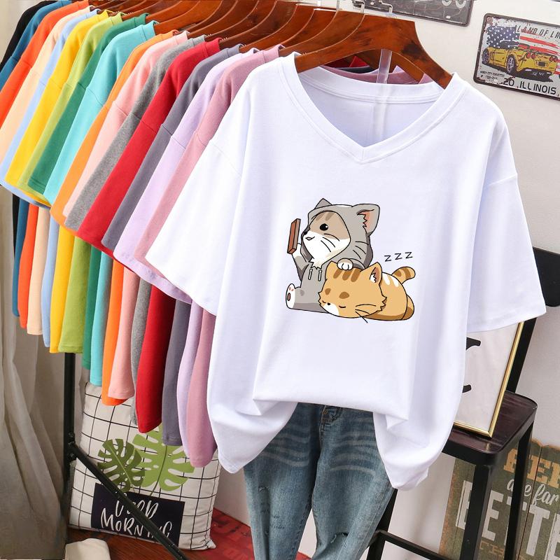 Kurzärmeliges T-Shirt, Locker sitzend, Schlankmachendes bedrucktes V-Ausschnitt-Top für Damen