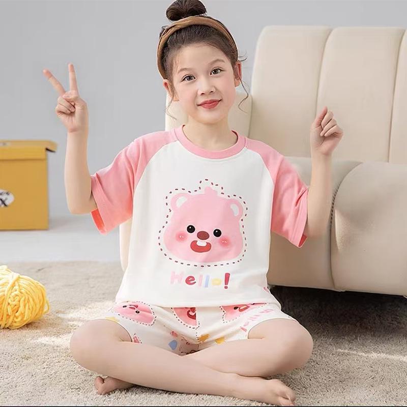 Cartoon Girls' Short-Sleeve Summer Pajama Set for Medium To Large Children - Two-Piece Air Conditioning Suit