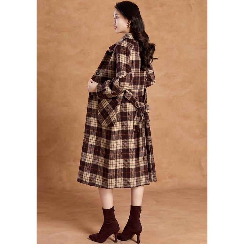 Women's Elegant Vintage Plaid Wool Blend Mid-Length Coat