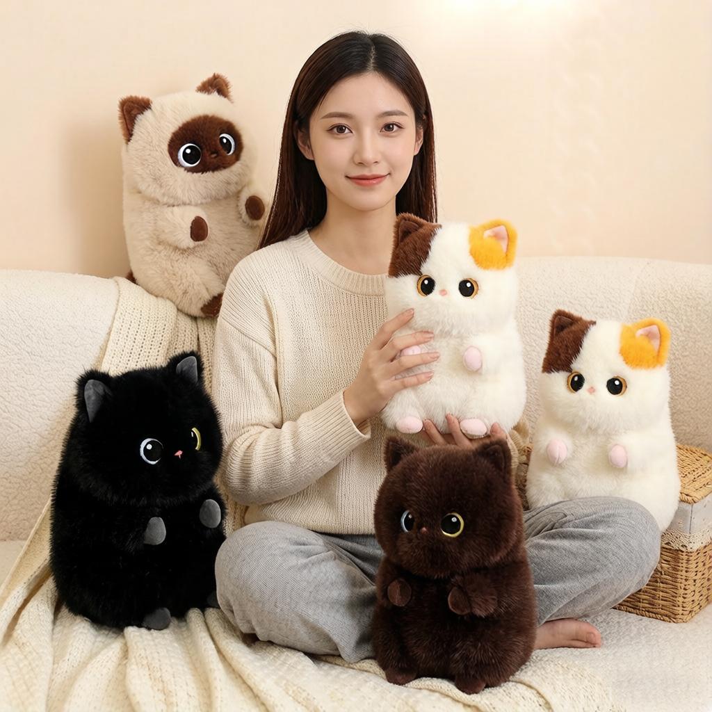 23Cm Squatting Cat Plush Toy Stuffed Siamese Cat 3-Color Black Brown Kitten Cartoon Animal Plushie Companion Gift