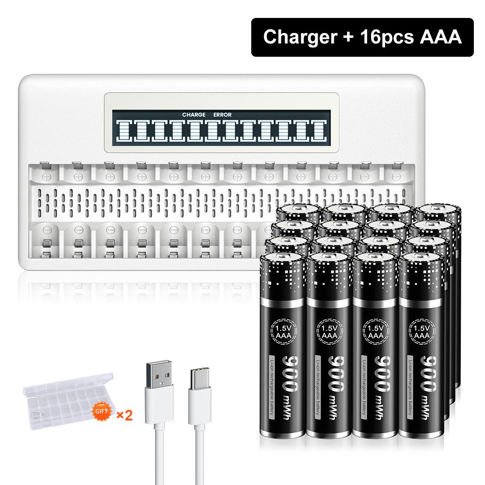 PALO Batería Recargable de Litio Li-ion 3400mWh 1.5V AA 900mWh 1.5V AAA Baterías de Litio AA AAA +Cargador de Baterías AA AAA de 12 Ranuras 1.5V