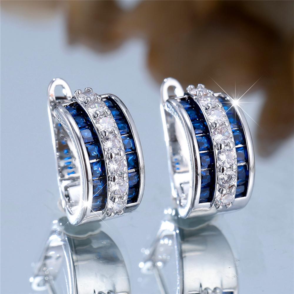 Charm Female Blue White Zircon Stone Hoop Earrings Vintage Silver Color Simple Wedding  For Women