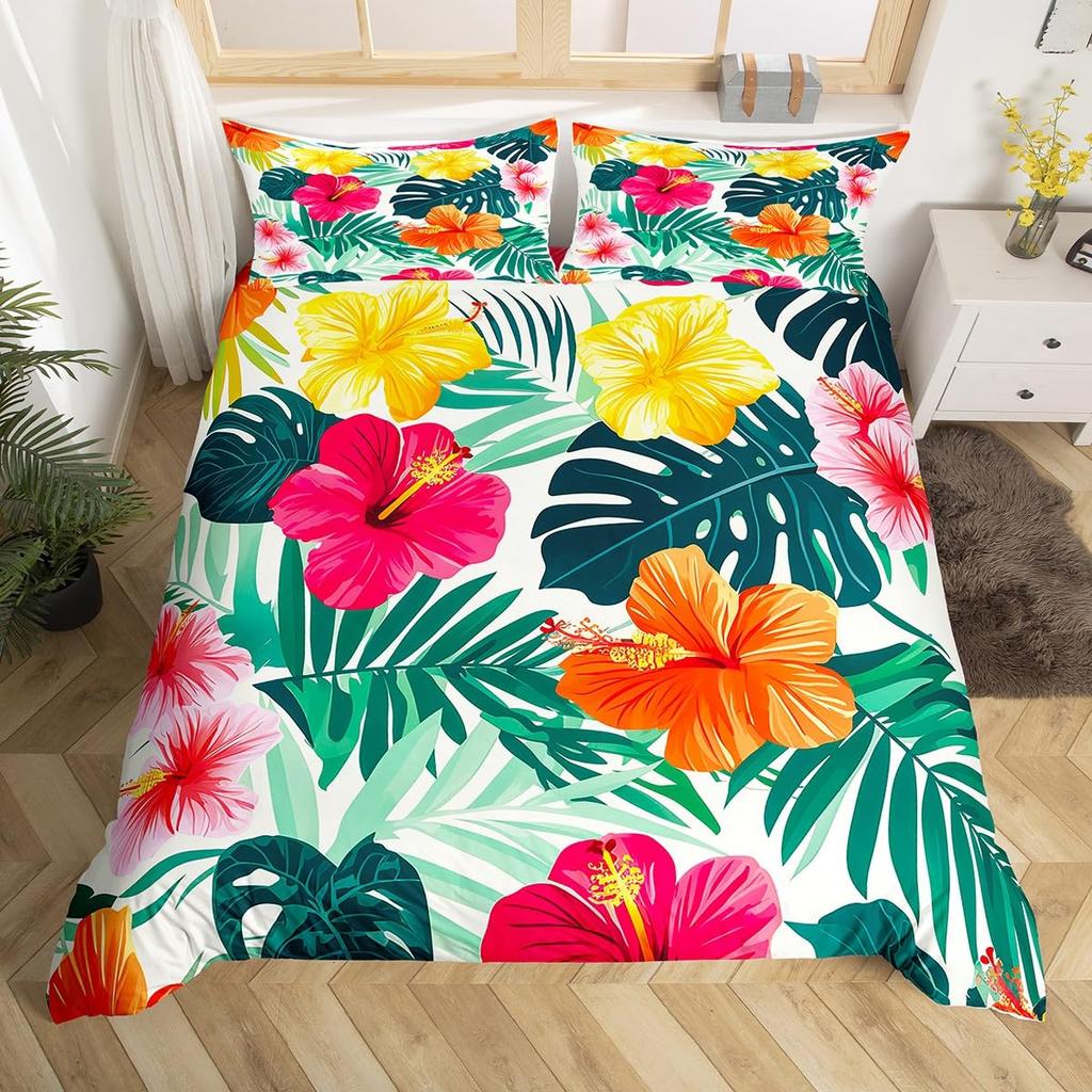 Tropical Flower Hibiscus Duvet Cover Full For Boy Girl Botanical Floral Bedding Set Rustic Romantic Boho Flowers Comforter Cover