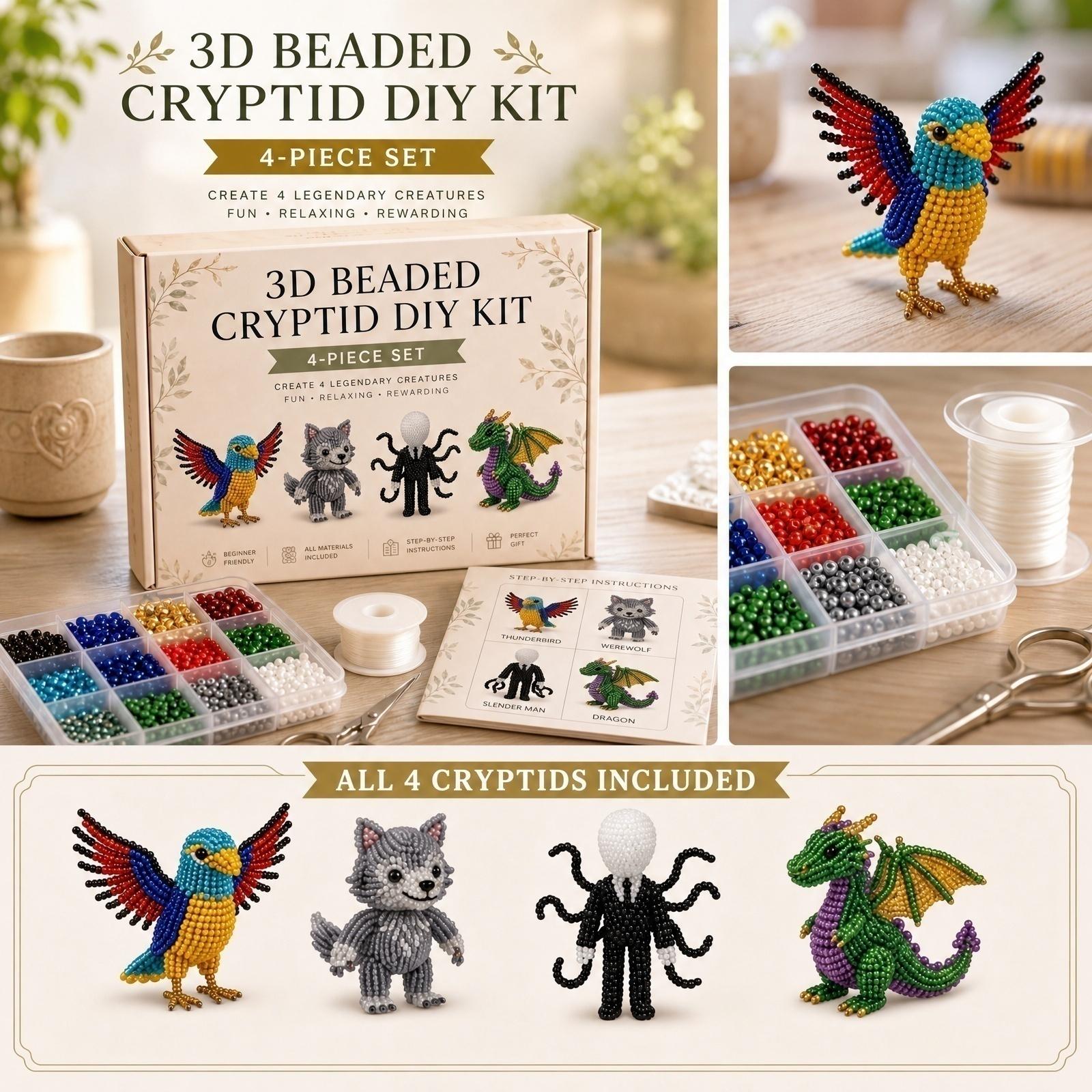 3D Beaded Cryptid DIY Kit 4-Piece Set Includes Materials and Instructions for Creating Legendary Creature Models with Beads and Wire one size